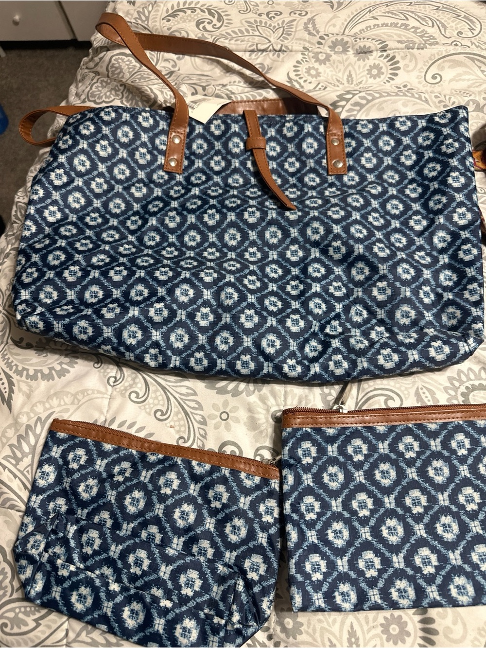 Blue Patterned Tote Bag with Pouches - Brown Trim